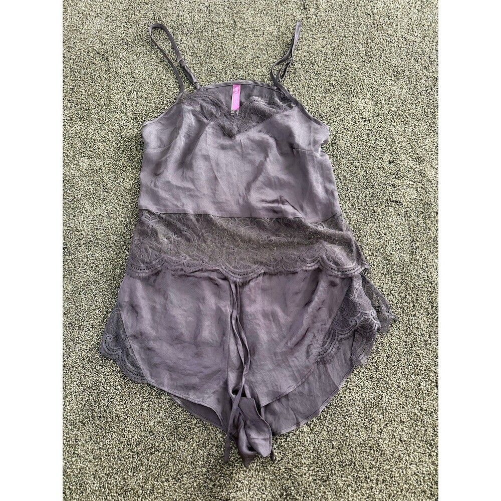 Adore Me Pajama Set Womens Size S Purple Gray Satin Lace Cami Shorts
